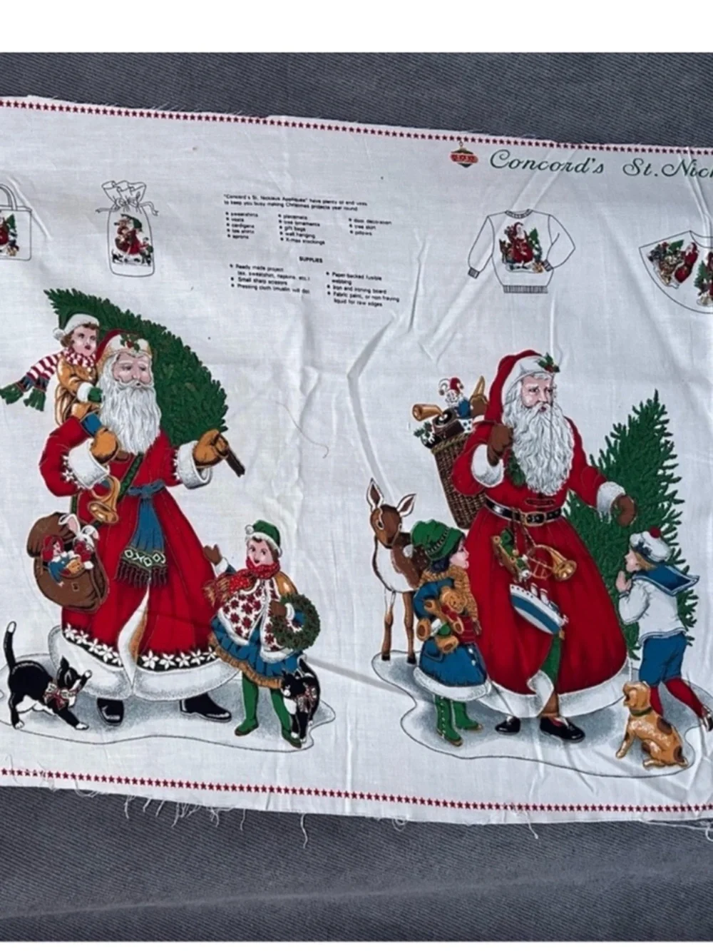 Vintage Santa fabric appliqué concords St Nicklaus 4 panels 16 appliqués